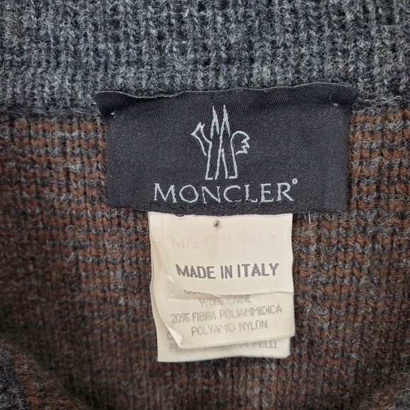 Vtg Moncler Sweater Men L Brown Gray Wool Blend Full Zip Suede Detail. Italy - Picture 2 of 12